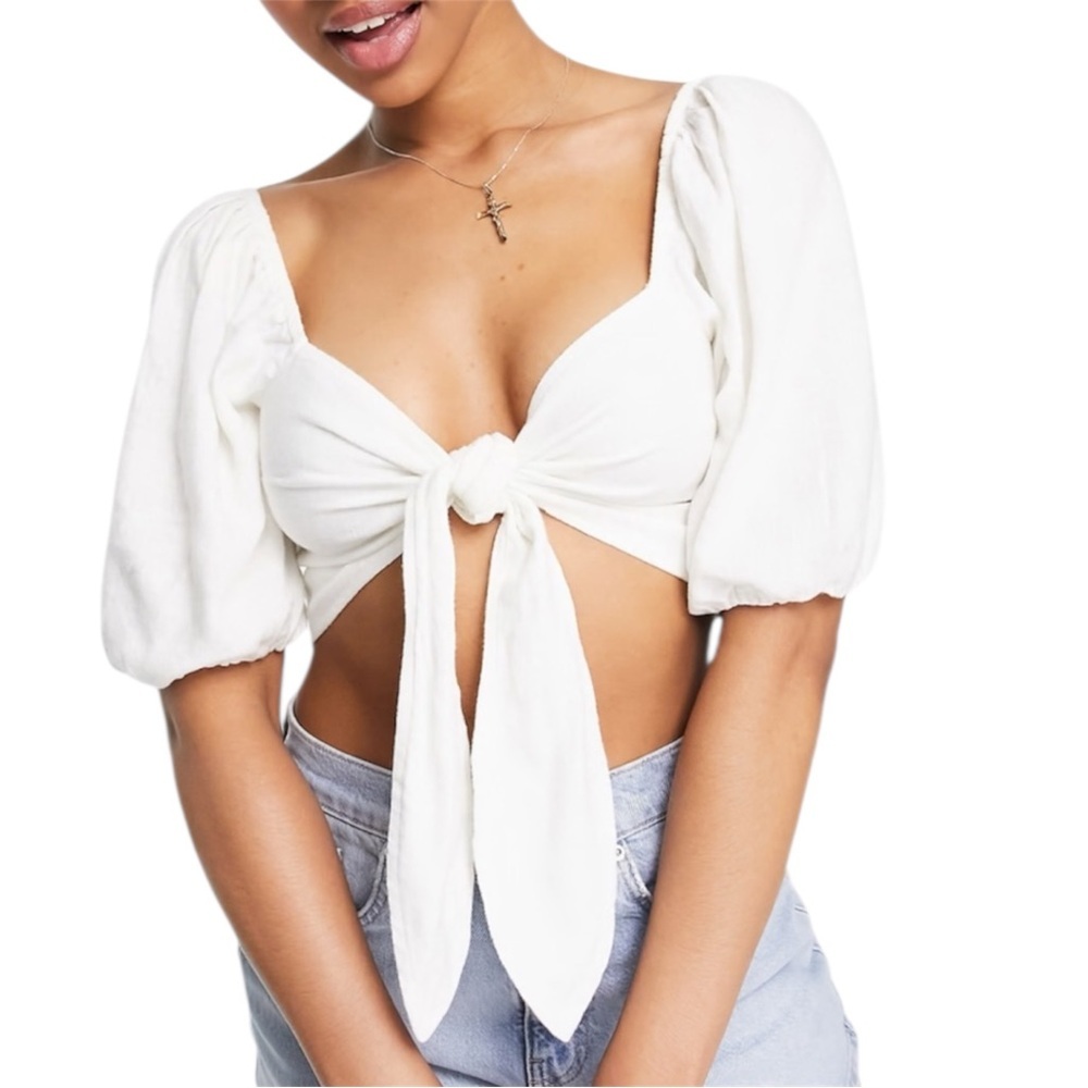 Abercrombie Sage Green Feminine Bow Tie Front Puff Sleeve Linen Cropped Top